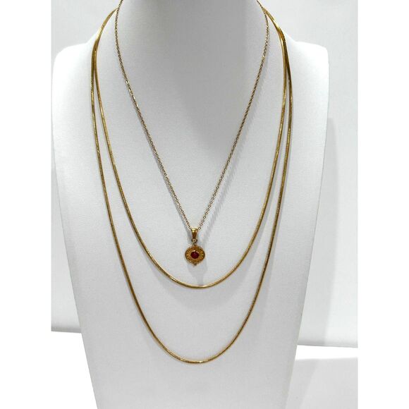 Tarnish Resistant Multilayer 2 Necklaces Adjustable Gold Red Natural Stone Charm - Picture 3 of 8